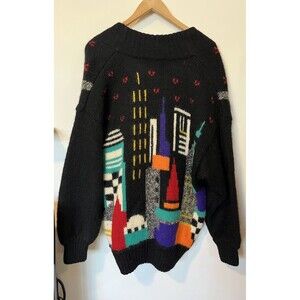 Vintage Tony Lambert Black City Scape Oversized Cardigan Size Large